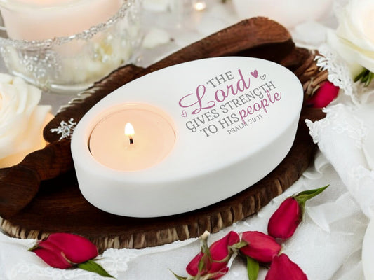 The Lord Gives Strength Bible Verse Oval Tea Light Candle Holder