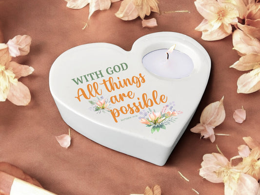 With God Bible Verse Heart Tea Light Candle Holder