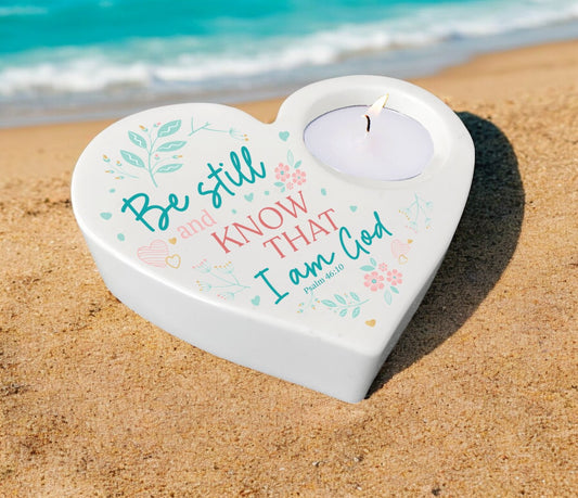 Be Still Bible Verse Heart Tea Light Candle Holder