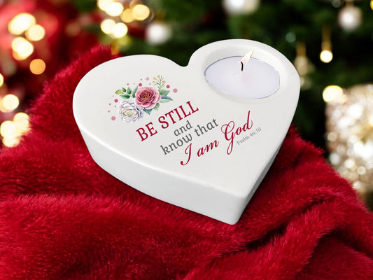 Be Still 2 Bible Verse Heart Tea Light Candle Holder