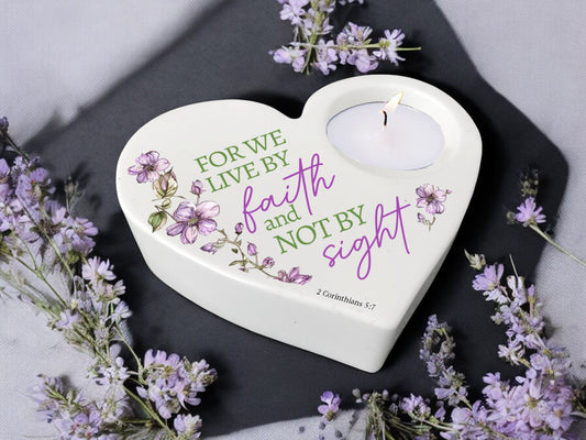 Live By Faith Bible Verse Heart Tea Light Candle Holder