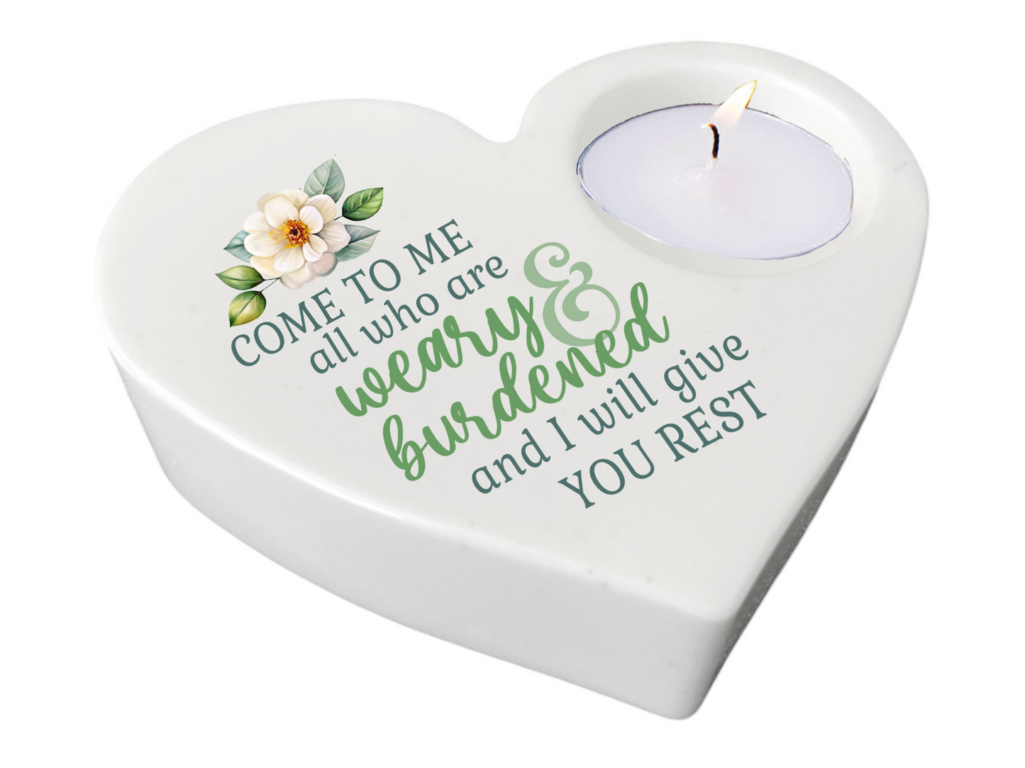 Weary Burdened Bible Verse Heart Tea Light Candle Holder