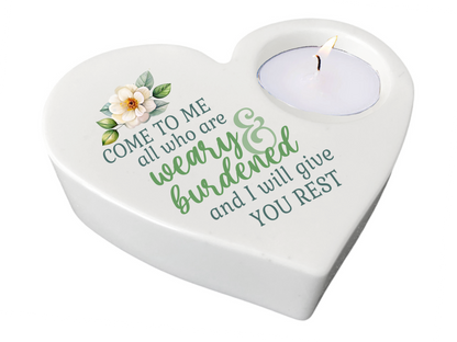 Weary Burdened Bible Verse Heart Tea Light Candle Holder