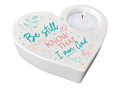 Be Still Bible Verse Heart Tea Light Candle Holder