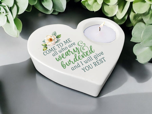 Weary Burdened Bible Verse Heart Tea Light Candle Holder