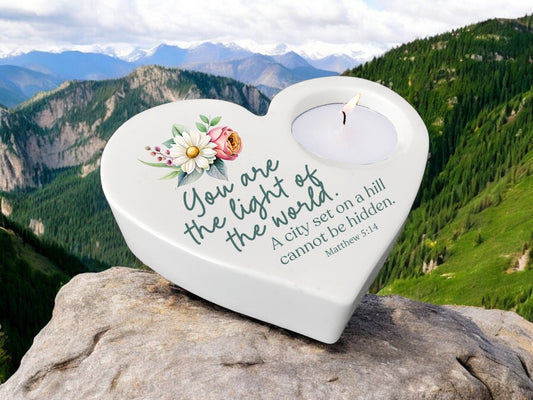 Light of World Bible Verse Heart Tea Light Candle Holder