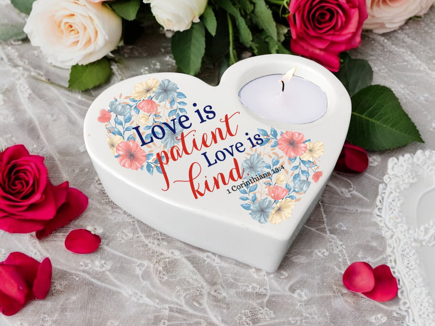 Love Is Patient Bible Verse Heart Tea Light Candle Holder