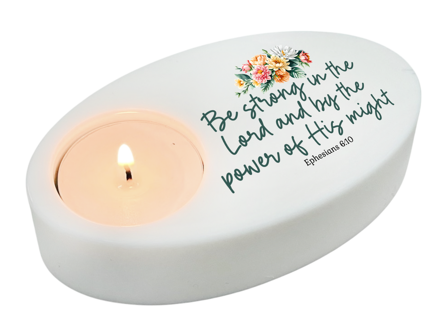 Be Strong In The Lord Bible Verse Oval Tea Light Candle Holder