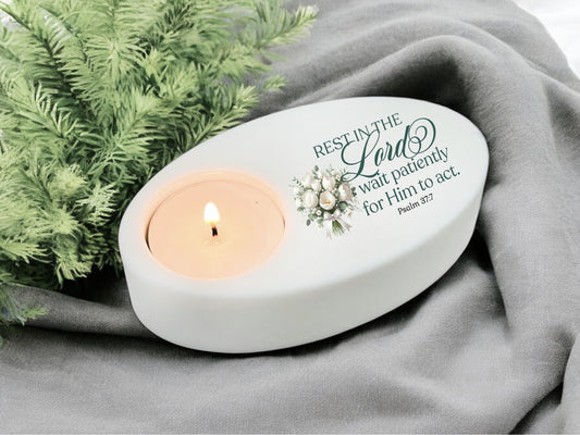 Rest in the Lord Bible Verse Oval Tea Light Candle Holder