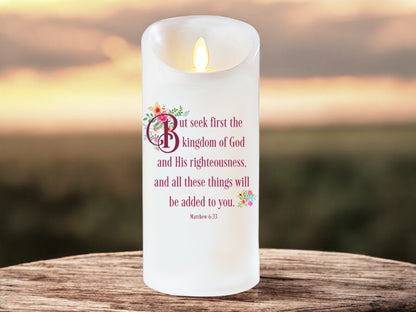 Seek First Bible Verse Dancing Wick LED Candle